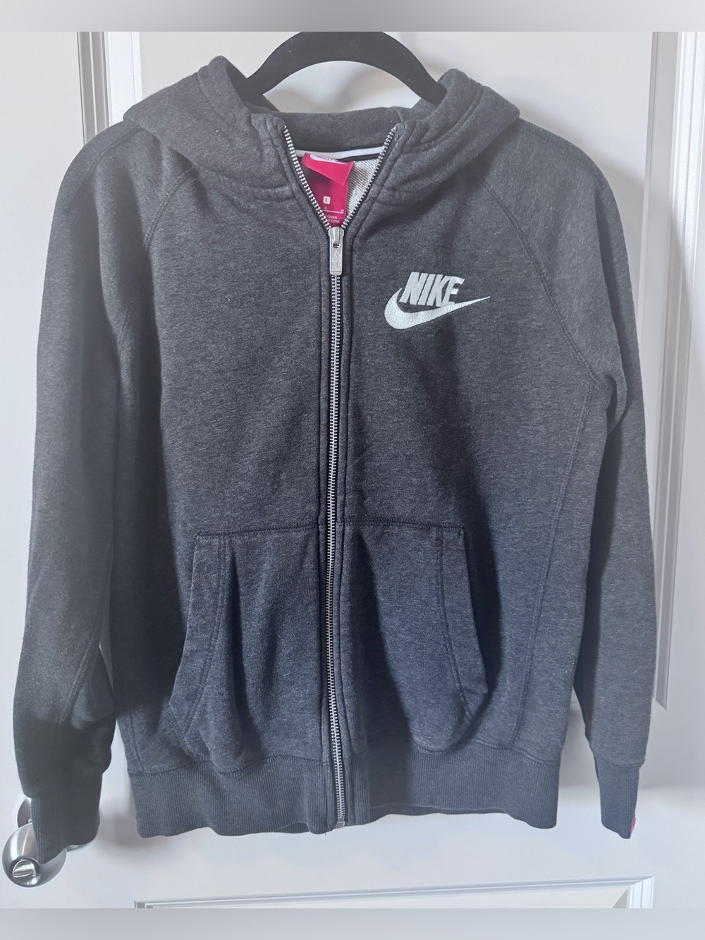 Nike Youth Dark Gray Full-Zip Hoodie with White Logo-Large